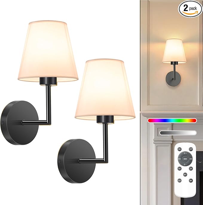 13.8 inch Battery Operated Wall Sconce Set of 2,Black Rechargeable Wall Lights with 10400mAh Dimmable Detachable Bulbs and Remote,9 Colors Wireless Sconces for Bedroom Living Room Hallway