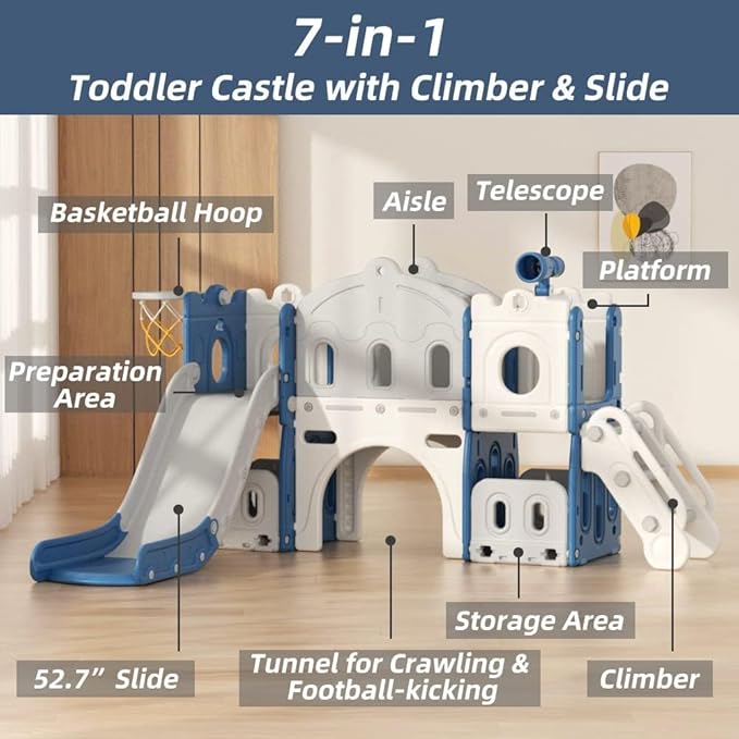 YUFU 8 in 1 Kids Slide for Toddlers Age 1-3, Kids Playset with Basketball Hoop and Ball, Indoor Outdoor Playground