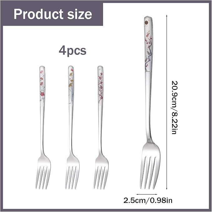 4Pcs 8" Korean Forks, Korean Fork with Floral Pattern | Stainless Steel, Kitchen Forks, Mirror Finish, Flatware for Dinner Salad Dessert Home Restaurant Use
