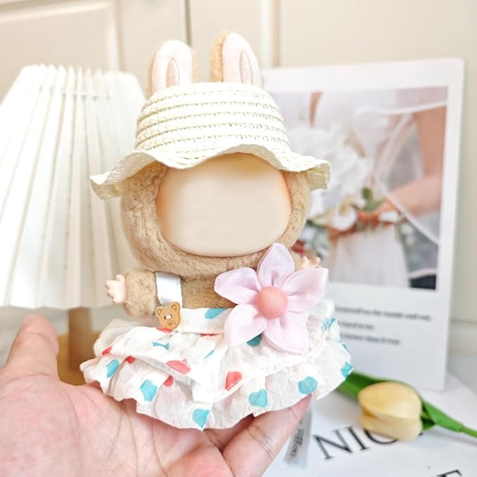 One Set Kawaii Doll Clothes for 17cm Plush Dolls -Floral Collection Dress + Hat + Bag + Hair Clip Fits 6.7 Inch Mini Dolls (No Doll No Glasses)
