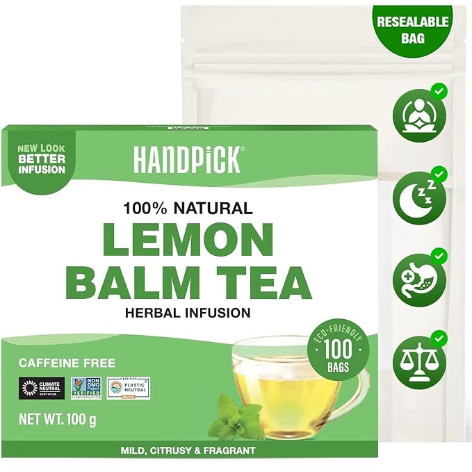 HANDPICK Lemon Balm Tea Bags – 100 Count | 100% Pure & Naturally Dried | Caffeine-Free Herbal Tea with Citrus Flavor & Aroma | Premium Lemon Balm Leaf