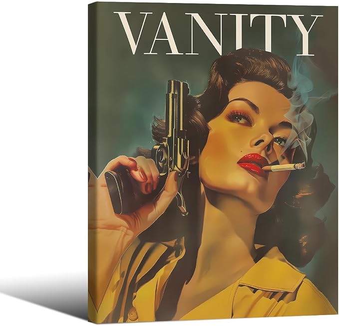 Woman Smoking A Cigarette Wall Art Trendy Eclectic Feminist Poster 08x10 inch Framed Vintage Woman With A Gun Canvas Prints Badass Bestie Wall Decor for Girl Dorm Apartment