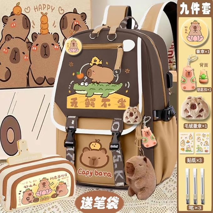 Kapibara Capybara Cartoon Backpack Gift Large Capacity Waterproof Kapibara stuff kawaii backpack with pins and Accessories (pattern 18)