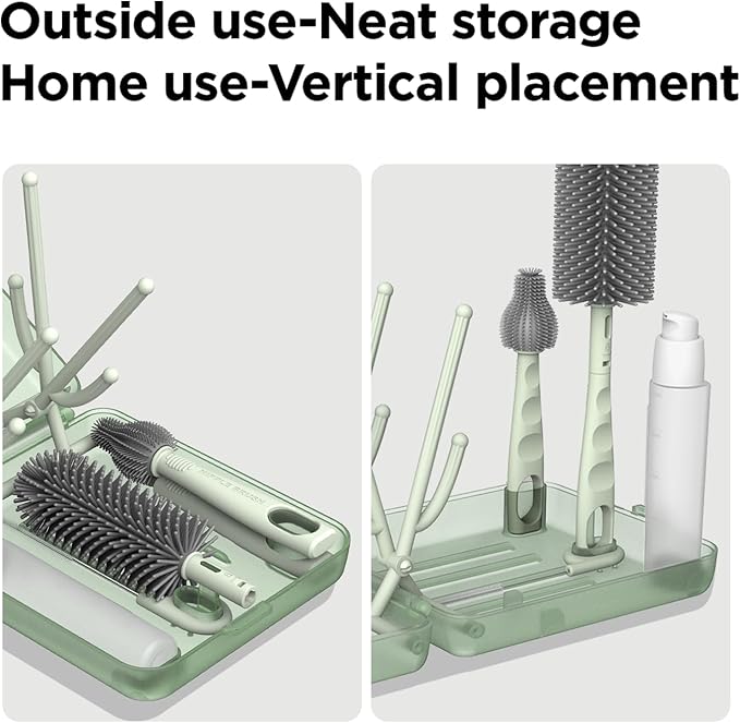 YOTIME Travel Bottle Brush Set, Auto-Open Rack & Vertical Brushs Drying Slots, 3 Brushes, Foldable Drying Rack, Dispenser, Travel Baby Essentials for On-The-Go Parents, Transparent Green
