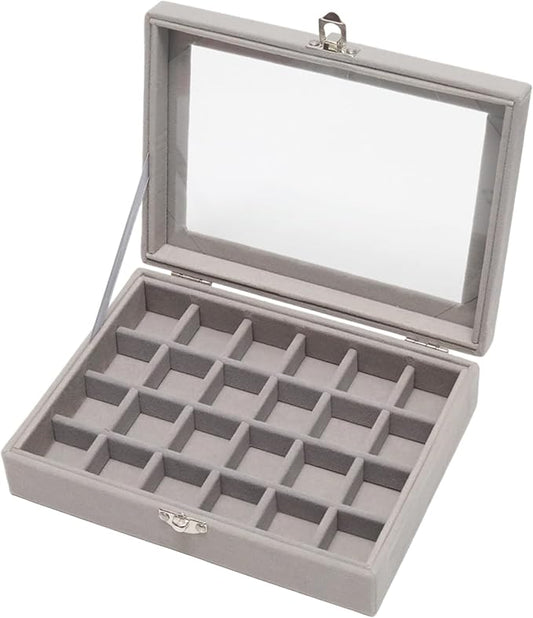 Small Velvet Jewelry Tray with Clear Lid, 24 Grids Gray | Lockable Ring Earring Holder Organizer Storage Box Case Jewelry Box Organizer for Rings Earrings Bracelets Brooches