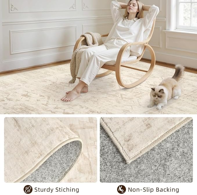 Round Area Rug for Living Room: 6ft Vintage Boho Neutral Washable Circle Rug Soft Large Circular Carpet for Bedroom Nursery Farmhouse Dining Room Office Floor Non-Slip Low Pile Under Table Beige/Brown