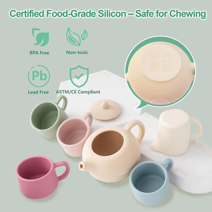 Silicone Tea Set for Toddlers Aged 0+ Months,Real or Play Tea Party Set for Kids,Non-Toxic Baby Kitchen Toys,Cute Morandi Children Gift Suitable for Little Girl Boy(with Washable Cloth Napkin)