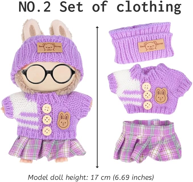 ebuddy 4 Sets Doll Clothes for 17cm Plush Doll-Knit Outfit Set Sweater Collection(Doll and Glasses Not Included) (4 Outfits)