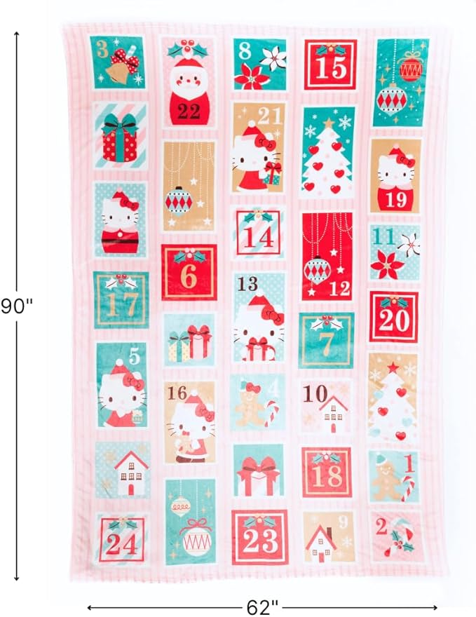 Franco Collectibles Sanrio Hello Kitty Holiday Christmas Advent Calendar Blanket, Super Soft Cozy Plush, 62 in x 90 in, (Officially Licensed Product)