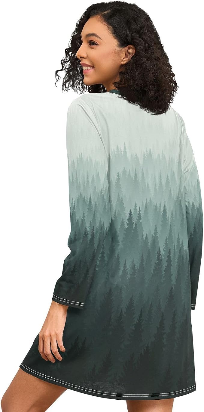 ALAZA Long Sleeve Nightgowns for Women Green Forest Tree Moo Moos Sleep Shirts Moomoo House Dresses Nightshirt Sleepwear