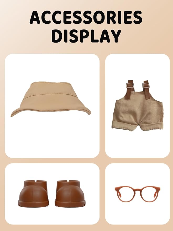2PCS Doll Clothes Set for 17cm Dolls – Stylish Outfit with 2 Hat, 2 Overalls, 2 Shoes & 2 Glasses of Clothes Designer, Cute Clothes for Dress up Unique Style (Khaki+Beige) (Doll Not Included)