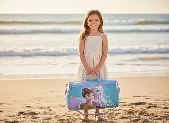 Disney Frozen Girls’ Duffle Bag – Elsa & Anna Travel Gym Bag with Adjustable Strap, Mesh Side Pockets & Zipper Pocket