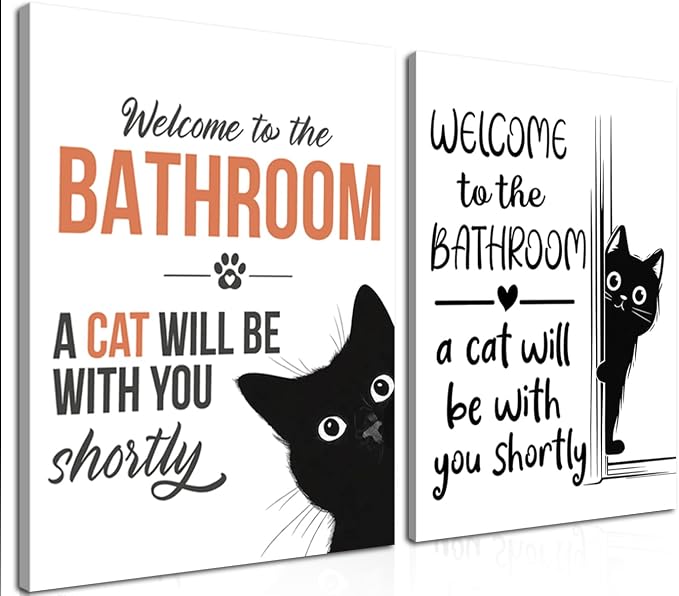 MUWAK Funny Welcome to the Bathroom Slogan Wall Art Set of 2 – Cat will Be With You Shortly Canvas Prints, Funny Bathroom Sign Pictures Wall Decor for Restroom, Washroom – 12x16in