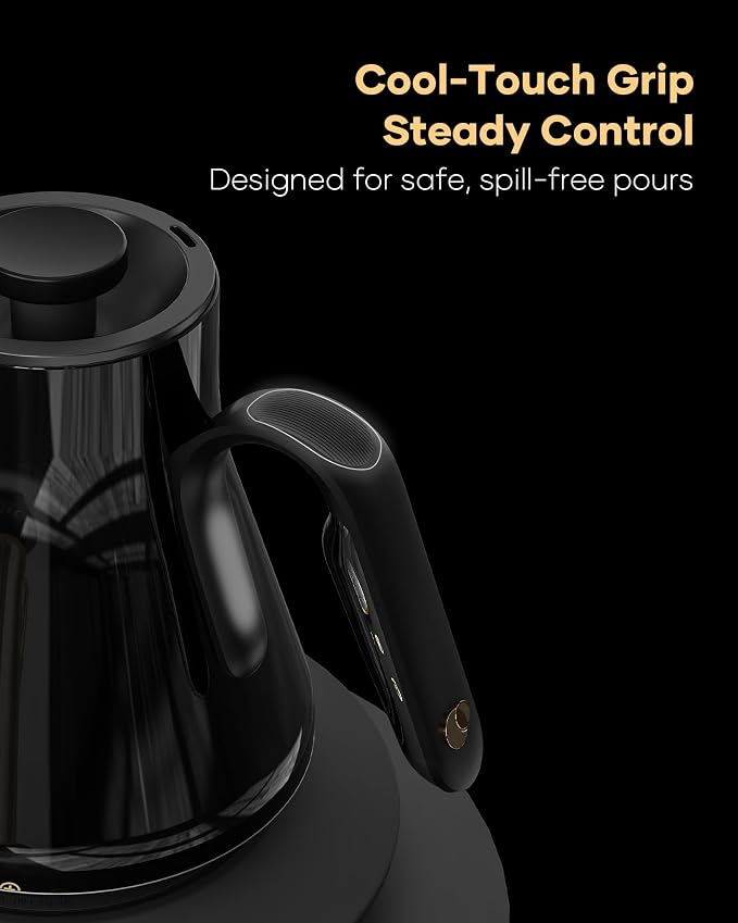 Cocinare Gooseneck Electric Kettle, ±1°F Precise Temperature Control, 1500W Fast Heating, Pour Over Coffee & Tea Kettle with Brew Timer & Keep Warm, Stainless Steel, 0.9L (Soulages Black)