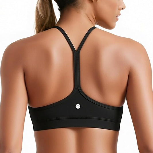 Racerback Y-Back Sports Bra for Women - Padded Low Impact Workout Top with Thin Spaghetti Straps for Yoga, Pilates, Gym