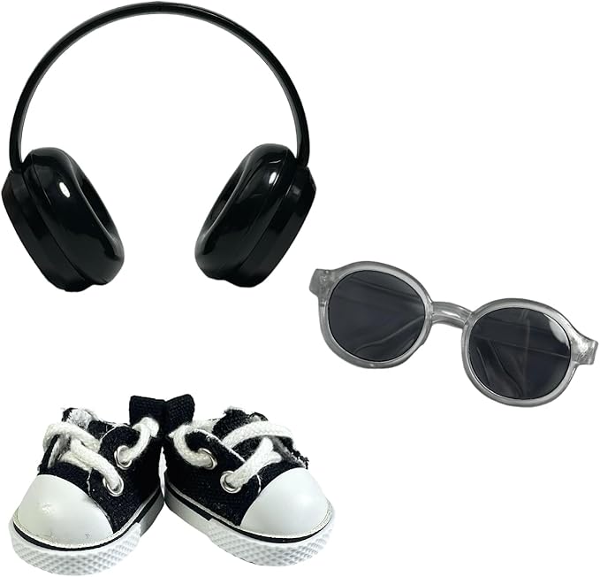 3pcs Doll Accessories Set for 17cm Doll Included Headphones, Canvas Shoes and Mini Gradient-Lens Glasses, Trendy Dress Up Accessories for 6.7 Inches 1st/2nd/3rd Gen Figures (Headphone Set - Black)