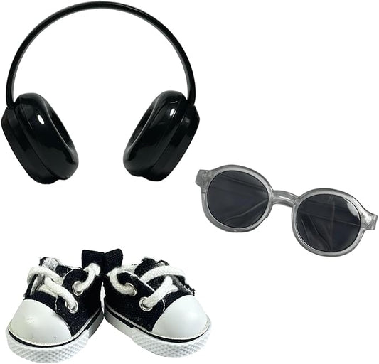 3pcs Doll Accessories Set for 17cm Doll Included Headphones, Canvas Shoes and Mini Gradient-Lens Glasses, Trendy Dress Up Accessories for 6.7 Inches 1st/2nd/3rd Gen Figures (Headphone Set - Black)
