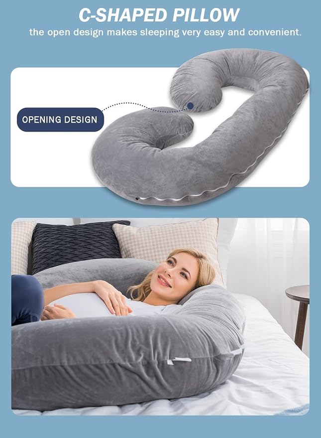 INSEN Pregnancy Pillow for Sleeping, Maternity Pillow with Jersey Cotton Cover,C Shaped Body Pillow for Pregnant (Gray)