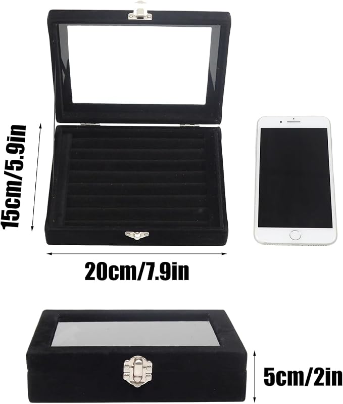 Small Velvet Jewelry Tray with Clear Lid, 8 Rolls Black | Lockable Ring Earring Holder Organizer Storage Box Case Jewelry Box Organizer for Rings Earrings Bracelets Brooches