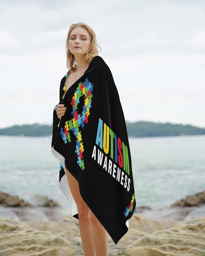 YOUNGKIDS Abstract Retro Large Beach Towels - 30x60in Microfiber Beach Towels Autism Awareness Jigsaw Blocks Pieces Black Quick Dry Lightweight Beach Pool Towel for Travel Camping Yoga