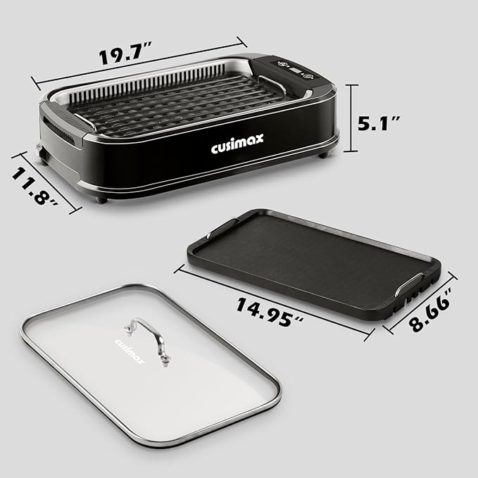 Indoor Grill, CUSIMAX Smokeless Grill Indoor, 1500W Electric Grill Griddle | Korean BBQ with Smart LED Display & Tempered Glass Lid, Non-stick Removable Grill Plate & Griddle Plate, Easy Cleanup, Black