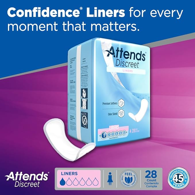 Attends® Confidence® Discreet Liners (Pack of 672) - Adult Disposable Light-Absorbent Bladder Control Pad Liners, 6 in. - 24 Bags, 28 per Bag | Adult Disposable Light-Absorbent Bladder Control Pad Liners