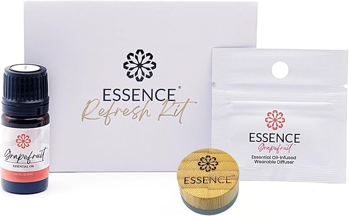 Essence Refresh Kit | Solid Scents Essential Oils | Aromatherapy Nasal Diffuser | Personal Scent Clip for Travel, Work & Everyday Use | Made in USA | Grapefruit | Bamboo/Glass Pod