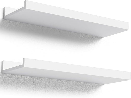 Boswillon Floating Shelves Set of 2, Small Wall Shelf with Lip, 16in, White | Display Ledge Shelf for Room Wall, Wall Decor Shelves for Bathroom, Living Room, Bedroom, Kitchen, Nursery Room, Modern, Wood