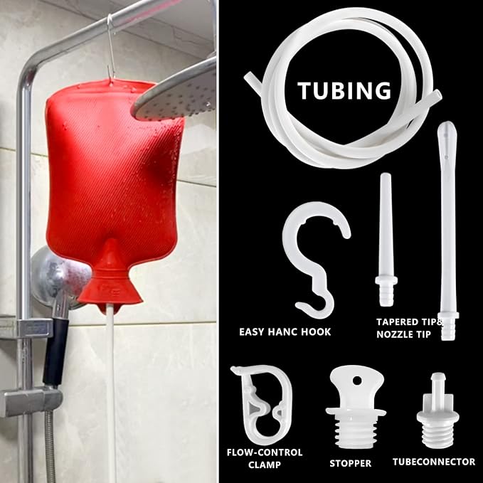 2 Quart Home Enema Bag Kit with Hose Tips and Water Flow Clamp - Colon Cleansing Enema Bag (Red)