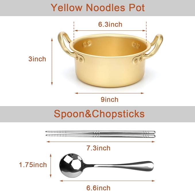 AHIER Korean Ramen Cooking Pot Set Noodle Pot with Lid, 6.3in | Spoon and Chopsticks (1pair), Double Handle, Fast Heating Stovetop for Kitchen Cookware Dorm and Camping