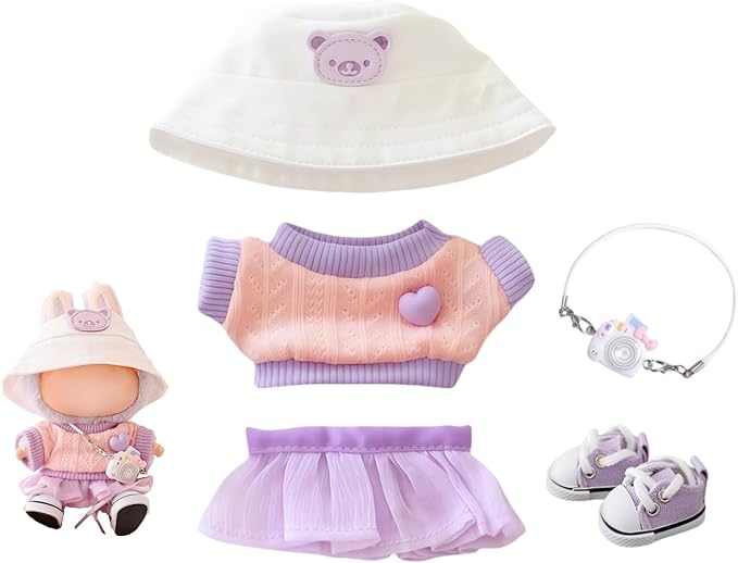 Clothes for Dolls Accessories, Stylish Kawaii Purple Outfit Set 5 Pieces Suitable for 15cm 17cm Doll , Doll Hat Clothing Set Replacement