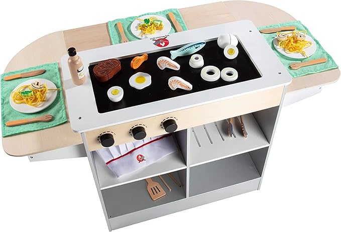 Hibachi Grill Wooden Kids Playset w Stools, Table Settings & Over 25 Toy Food Pieces- Noodles Tongs Meats Veggies- Everything a Little Chef Needs for Pretend Play, Indoor Japanese Restaurant Stand