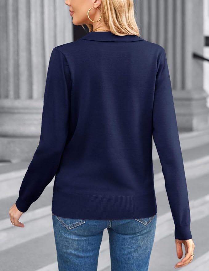 Women's Long Sleeve Classic V Neck Casual Fall Winter Polo Sweater Tops | Basic Collared Knitted Fashion Work Business Formal Daily Wear Versatile Pullover Shirts