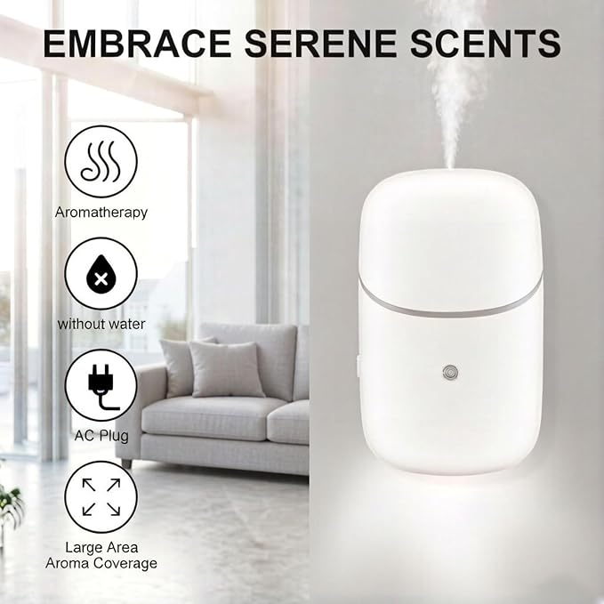 Waterless Diffuser, Essential Oil Diffuser with Low/High Modes, Plug in Diffuser with Night Light & Timer, Quiet Wall Aromatherapy Diffuser for Home, Living Room, Bedroom, Bathroom, White
