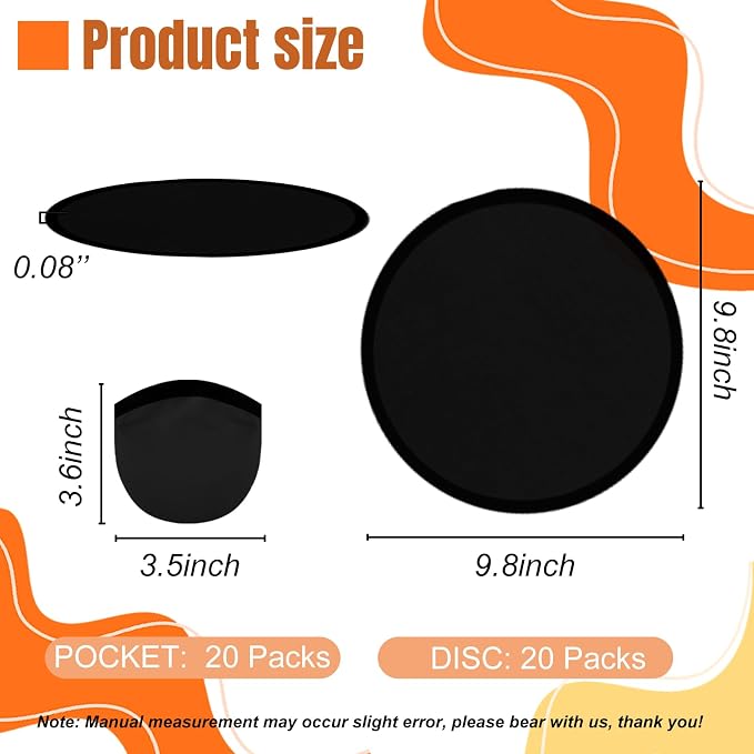 20PCS Foldable Flying Disc Fans with Bags, 9.8'' DIY Handheld Black Egde Fabric Folding Fan for Outdoor Game Activities Birthday Party Favors Gifts, Black