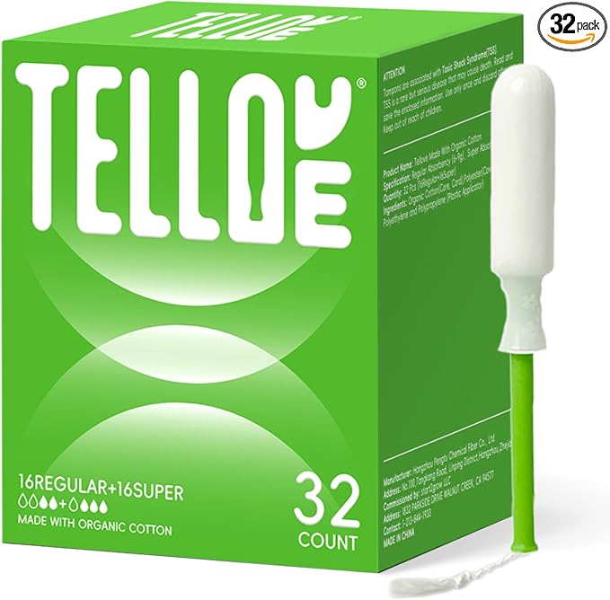 Tellove Tampons with 100% Organic Cotton Core, 32 Count (16 Regular, 16 Super), Featuring 360° Comfort-Expand Leakproof Technology with Comfort BPA-Free Long Applicator, Gentle on Sensitive Skin