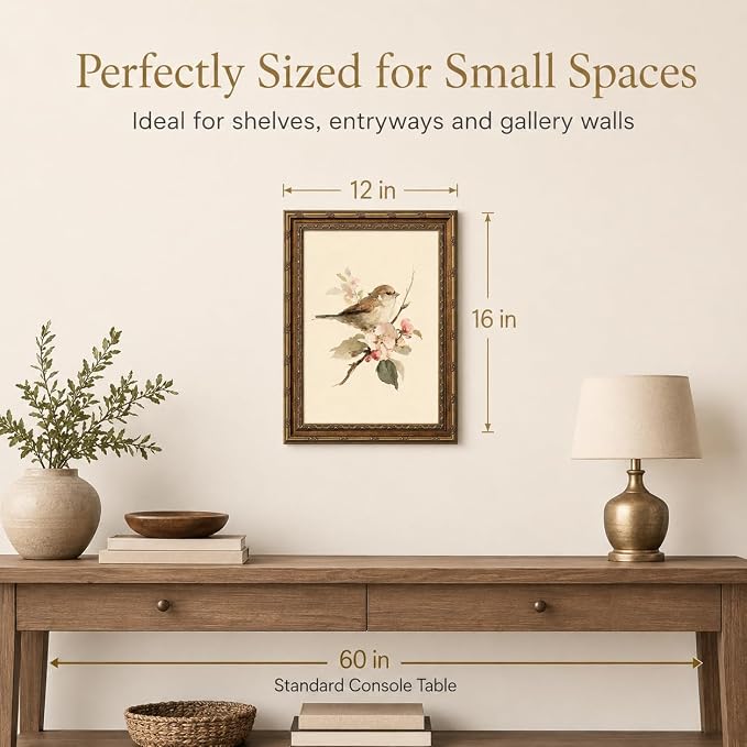 Gold Framed Bird Wall Art, Vintage Sparrow and Blossoms Canvas, 12x16in | Beige sparrow artwork with neutral vintage style for bedroom, nursery, kitchen, classroom, hallway, or living room.
