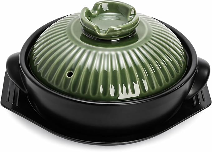 Okllen Large Korean Ceramic Bowl with Lid and Trivet, 54 oz Clay Pot for Cooking, Sizzling Hot Pot for Dolsot Bibimbap, Soup, Casserole, Rice, Stew, Noodle，Retro Green