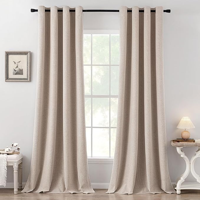 MIULEE 100% Blackout Linen Textured Curtains for Bedroom 105 Inches Extra Long Thermal Insulated Natural Beige Grommet Room Darkening Curtains & Drapes Luxury for Living Room (2 Panels)