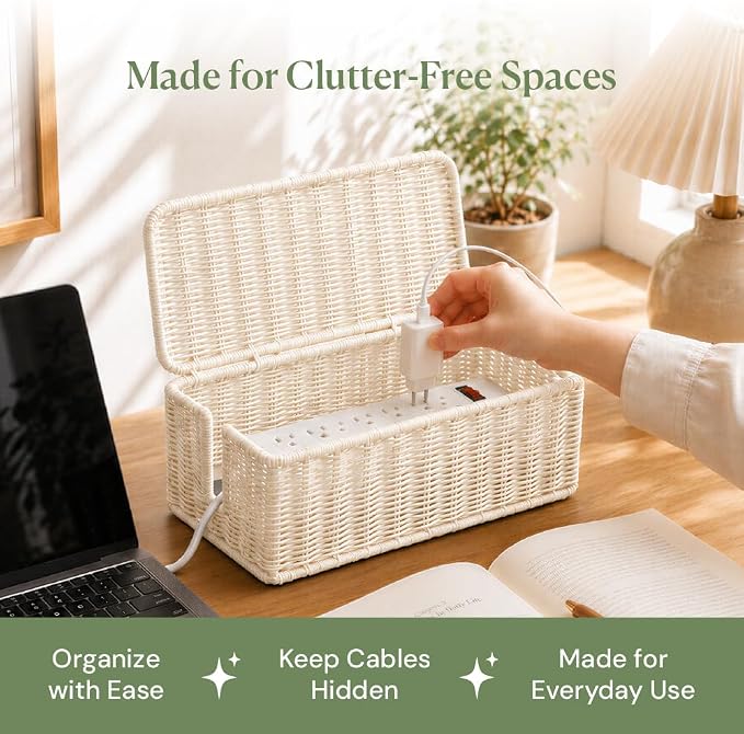 Cable Management Box, Handmade Rattan Cable Organizer with 2 Open Slots, Cord Hider for Power Strip, Router & USB Hub, Registered U.S. Design Patent (D1,112,102), 13" x 5.1" x 5.1", White