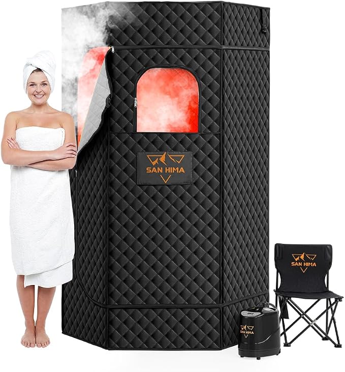 SAN HIMA Portable Sauna for Home, 1 Person Steam Sauna Box with Red Light Therapy, 3L 1500W Steamer, 9 Heat Levels, 90 Minute Timer, Foldable Chair, Remote Control, Indoor Home Spa Sauna Tent