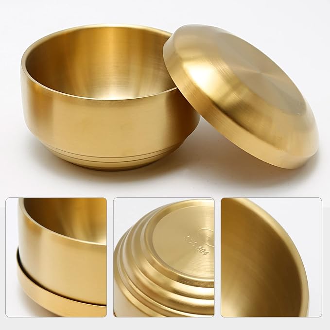 Stainless Steel Rice Bowl with Lid, Set of 2, for Korean Kitchen Restaurant, Double-walled Metal Bowls, Multi-Purpose Insulated Soup Bowls Snacks Bowls (10.5cm Gold)
