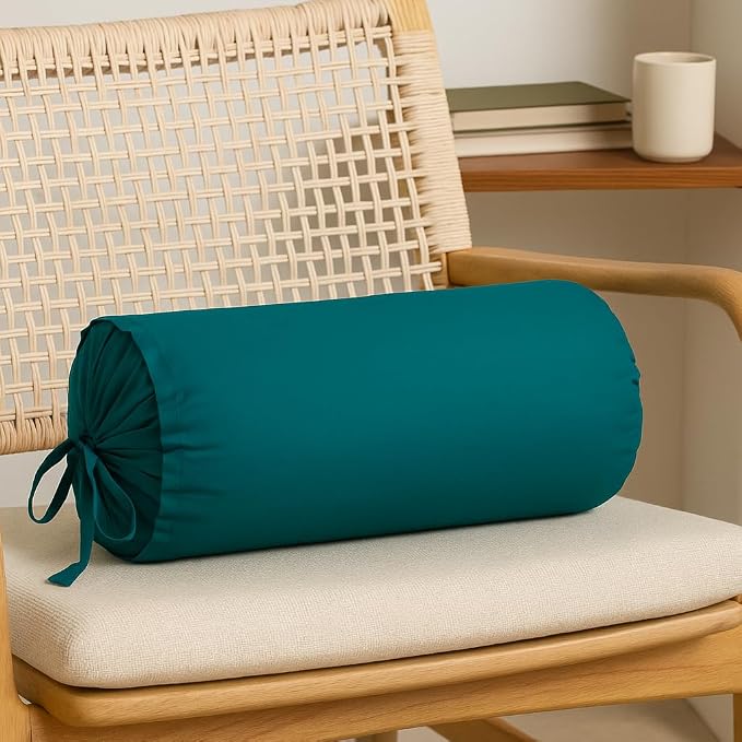 Cervical Neck Roll Pillow Cover with Cotton Bolster Pillowcases for Cylindrical Cushion and Drawstring Closure Round Neck Pillowcase 6" x 18" (15 x 45 cm) Teal Blue