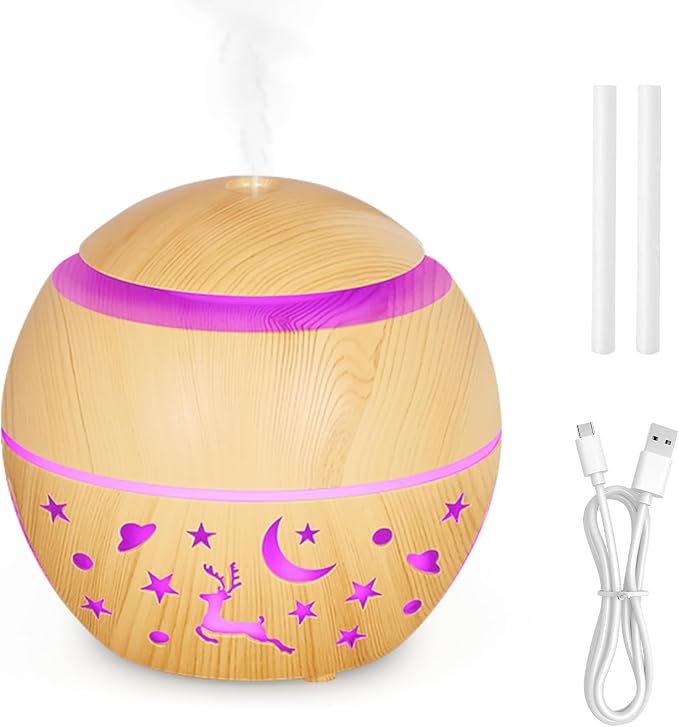 200ml Essential Oil Diffuser, Small Humidifier for Bedroom with USB Charging, LED Lights, 2 Filter Sticks, Portable Wood Grain Quiet Aromatherapy Mist Diffusers, Gift for Girls