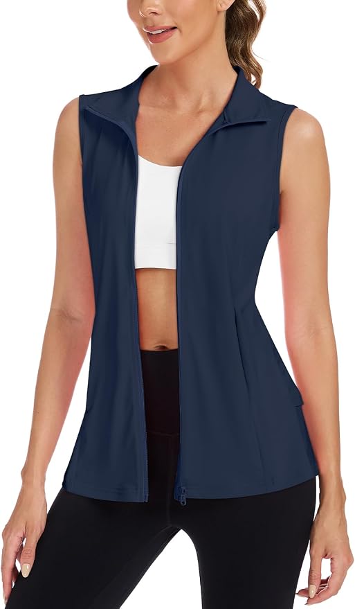 Women's Golf Vest with Pleated Tennis Skirt Hem Lightweight Full Zip Sleeveless Athletic Shirts with Pockets