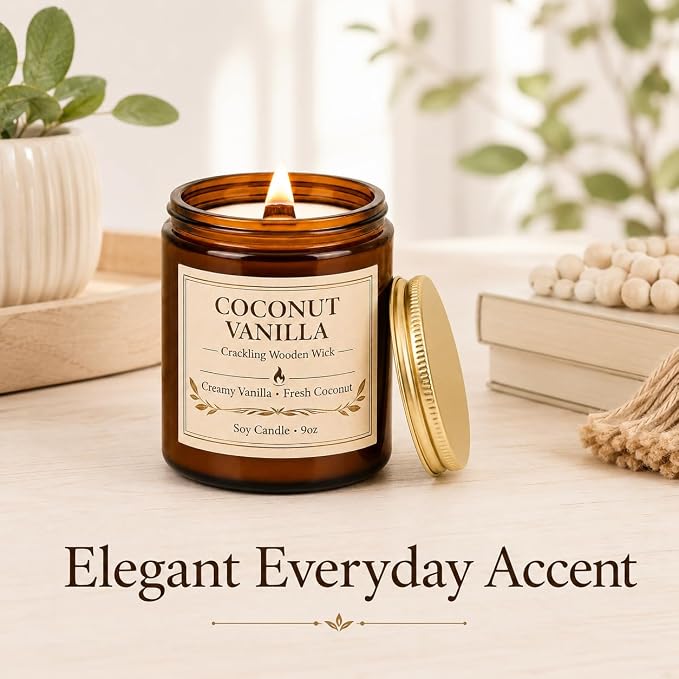 Coconut Vanilla Scented Candles for Home, 9oz Long Burning Soy Candles for Women, Wood Wick Natural Non Toxic Candle Jar, Aromatherapy Candle Gift for Home Bedroom Bathroom Office