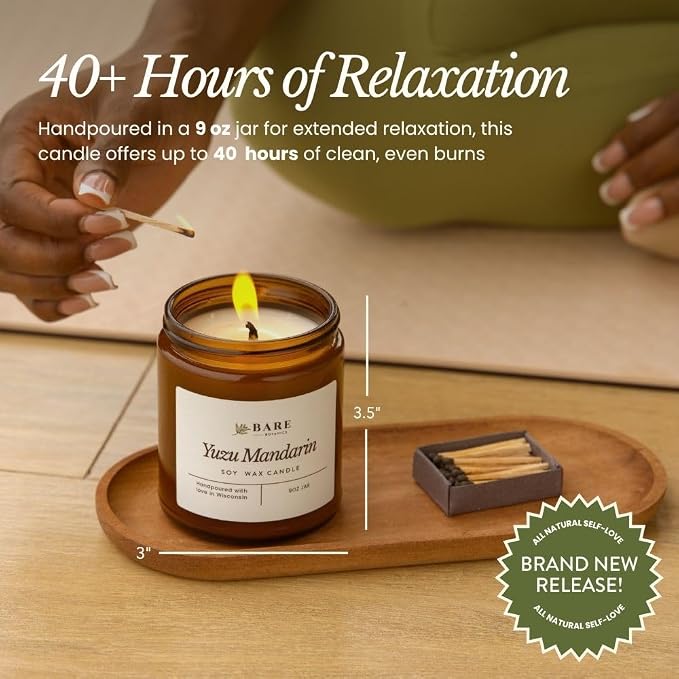 Bare Botanics Non-Toxic Lavender Fields 9oz Soy Candle - 100% Plant-Based Fragrance Oils - Handpoured in WI - 40+ Hrs