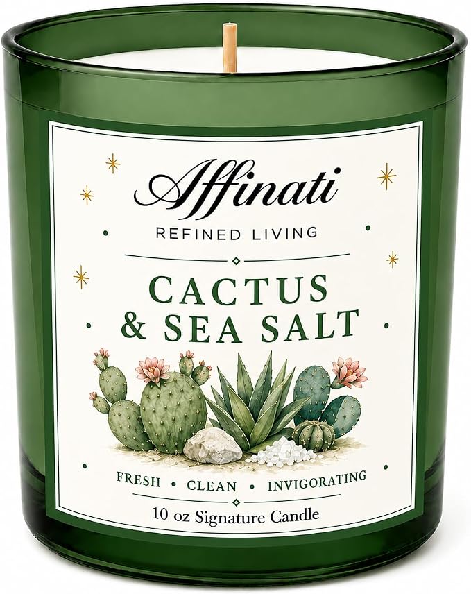 Affinati Cactus Sea Salt 10 oz Scented Candle – Long Lasting Luxury Soy Blend Candle for Home, Strong Scent Throw Fresh Crisp Coastal Aromatherapy Candle, Clean Burning Home Fragrance Gift