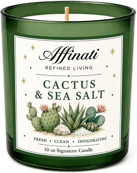 Affinati Cactus Sea Salt 10 oz Scented Candle – Long Lasting Luxury Soy Blend Candle for Home, Strong Scent Throw Fresh Crisp Coastal Aromatherapy Candle, Clean Burning Home Fragrance Gift