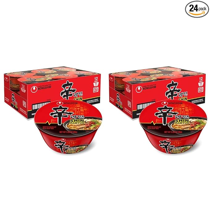 Nongshim Shin Ramyun Bowl Noodles, Spicy Korean Signature Instant Ramyun, Rich Beef Flavored Broth, Quick and Easy, Microwaveable Bowl, 3.03 oz (Pack of 24)